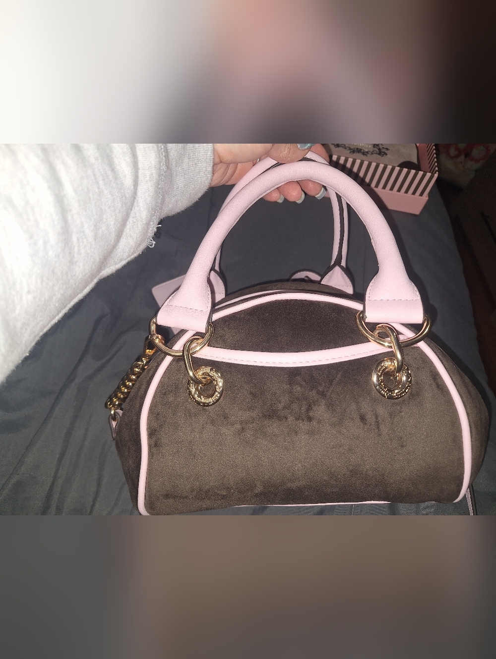EXCLUSIVE Juicy Couture Pink & Brown Velvet Dome Bowler Bag - Picture 7 of 8